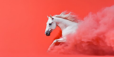 Aufkleber - Contemporary Equine Art Dynamic White Stallion Mid-Leap in Vibrant Hues - Premium Artwork for Luxury Hospitality and Bold Interior Styling