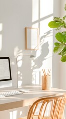 Leinwandbilder - Scandinavian Workspace Design Minimalist Ergonomic Desk with Greenery and Rustic Textures - Eco-friendly Aesthetic for Productive and Stylish Offices in Modern Business Environments