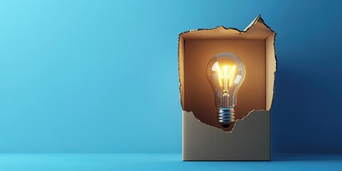 Poster - Glowing Lightbulb Inside a Torn Cardboard Box on Blue Background
