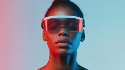 Aufkleber - Sleek Gym Fitness A 30-Year-Old Black Woman in AR Glasses with Holographic Trainer - Immersive Tech for Smart Health and VR Wellness Solutions