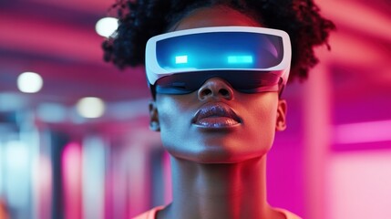 Aufkleber - Futuristic Gym Experience Black Woman (30s) with AR Glasses in Neon-Lit Fitness Studio - Cutting-Edge VR Training for Smart Health and Immersive Wellness