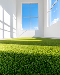 Poster - Modern Turf Dynamics Sunlit Artificial Grass in Minimalist Room for Eco-Friendly Interior Design and Sustainable Urban Living Promos