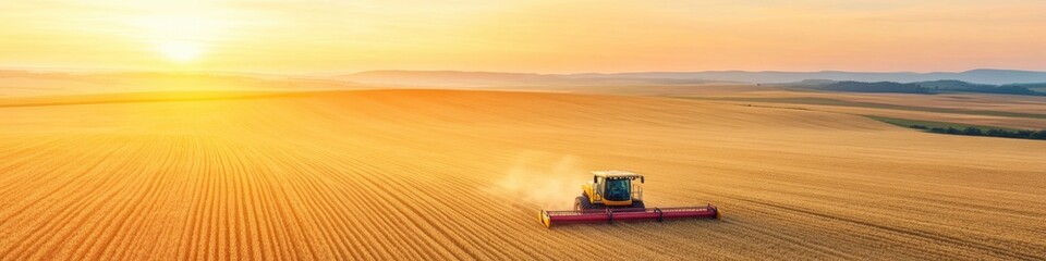 Poster - Golden Hour Agriculture Advanced Combine Harvester on Wheat Plains - Dusty Aesthetic, Precision Equipment for Modern Farming and Sustainable Harvesting Efficiency