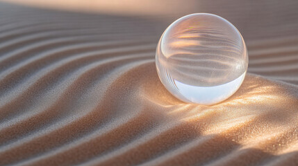 Wall Mural - a small, translucent glass sphere positioned gently on finely textured sand, surrounded by precisely