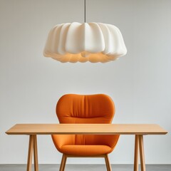 Poster - Scandinavian Minimalist Workspace Ergonomic Orange Chair and Sculptural Pendant Lighting on Natural Wood Desk - Innovative Office Design for Modern Productivity and Aesthetic Harmony
