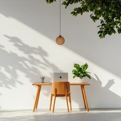 Leinwandbilder - Scandinavian Minimalist Office Ergonomic Wooden Desk with Laptop and Potted Plant in Sunlit Workspace - Modern Business Content and Contemporary Design Inspiration