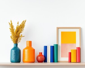 Poster - Vibrant Geometric Home Decor Display Bold Ceramic Vases and Colorful Books for Modern Interiors - Trendy Styling and Visual Merchandising Inspiration
