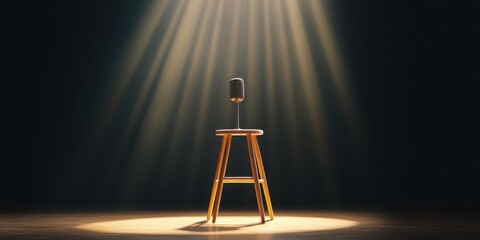 Poster - Industrial Chic Stage Lighting Silhouetted Microphone Stand on Wooden Stool - Atmospheric Performance Venue Marketing for Entertainment Industry Enhancement and Visual Storytelling