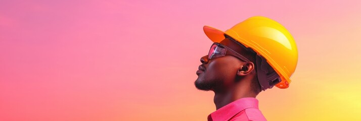 Poster - Contemporary Industrial Leadership Portrait Confident Profile in Helmet Against Gradient Pink Background - Modern Manufacturing Insight and Workforce Expertise Highlight