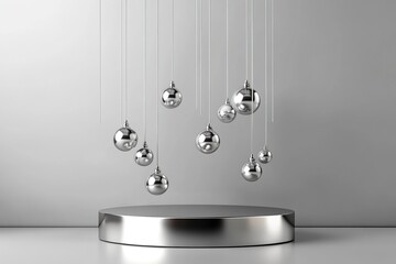 Poster - Silver Metallic Spheres Hanging Above a Circular Platform