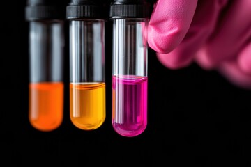 Aufkleber - Vibrant Chemical Test Tubes Neon Liquid in Glass Against Black - Scientific Research Imagery for Modern Lab Marketing and Innovative Healthcare Solutions