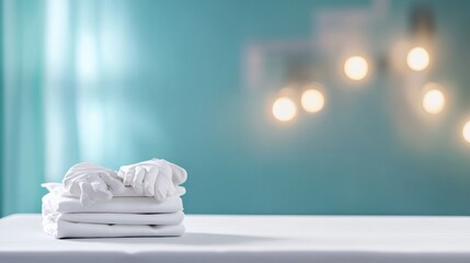 Poster - Minimalist Medical Display Pristine White Hospital Table for Product Showcases with Latex Gloves - Clean Healthcare Content and Clinical Marketing Solutions