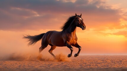 Naklejka na meble Majestic horse galloping across sandy beach at sunset, with vibrant sky in the background