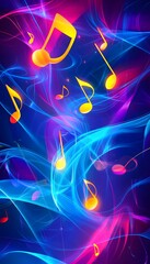 Poster - Musical notes floating amidst colorful swirling abstract lines of light