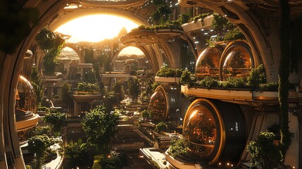 Wall Mural - futuristic cityscape sunset golden domes biodome architecture