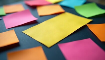 close up of colorful array of sticky notes on dark surface, communication, organization
