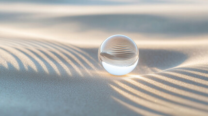 Wall Mural - a small, translucent glass sphere positioned gently on finely textured sand, surrounded by precisely