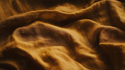 Poster - Soft golden fabric texture displaying intricate folds and natural sheen, ideal for backgrounds, patterns, and textile designs