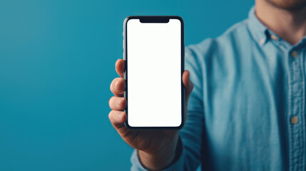 A mockup of a stylish fashionable phone on a blue background. The man holds a cell phone with a white screen in his hand. The concept of modern technologies and communications. Mobile App