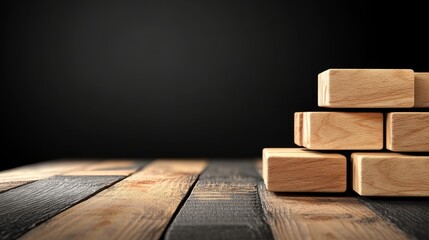 Poster - Stacked wooden blocks on a dark wooden table with a black background, ideal for design use