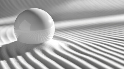 Wall Mural - a polished white ceramic sphere delicately balanced on a fine-grained sand surface, surrounded by pr