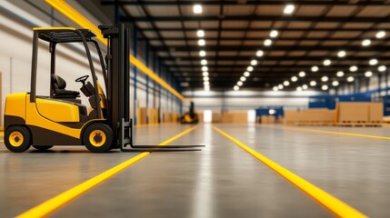 Poster - A bright, spacious warehouse interior featuring a yellow forklift ready for operation amidst stacked boxes