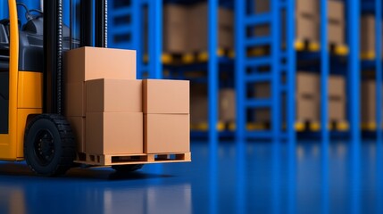 Poster - Forklift transporting stacked cardboard boxes in a vibrant warehouse with blue shelving