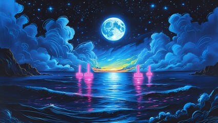 Blue space energy illuminates a moonlit fantasy landscape with starlight