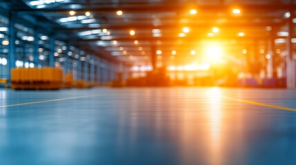 Poster - Brightly lit warehouse interior showcasing empty floor space with storage pallets and machinery in background
