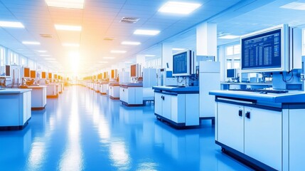Aufkleber - Modern laboratory interior with computer workstations, bright lighting, and clean environment