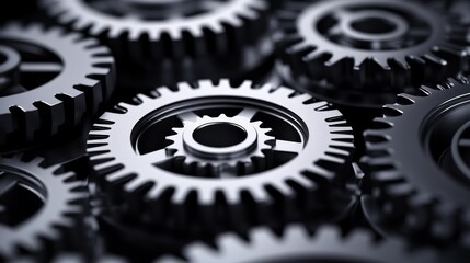 Poster - Close-up of interlocking metal gears showcasing intricate details and shadows, ideal for industrial themes