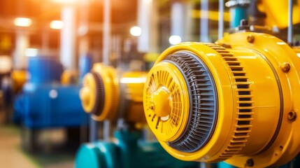 Poster - Industrial machinery showcasing vibrant yellow and blue pumps in a modern facility