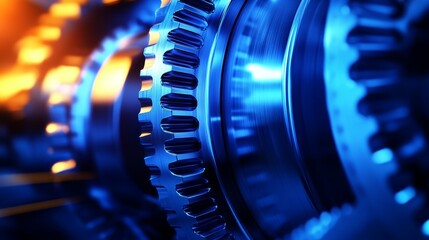 Poster - Close-up view of interlocking gears in vibrant blue and orange lighting, showcasing mechanical precision