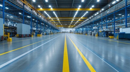 Poster - Spacious industrial warehouse interior showcasing organized machinery and bright lighting