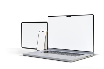 Canvas Print - 3d realistic laptop, tablet and smartphone digital device mockup with blank screen isolated on backg