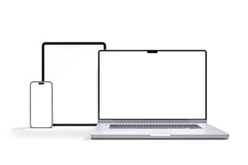 Canvas Print - 3d realistic laptop, tablet and smartphone digital device mockup with blank screen isolated on backg