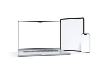 Canvas Print - 3d realistic laptop, tablet and smartphone digital device mockup with blank screen isolated on backg