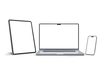 Canvas Print - 3d realistic laptop, tablet and smartphone digital device mockup with blank screen isolated on backg