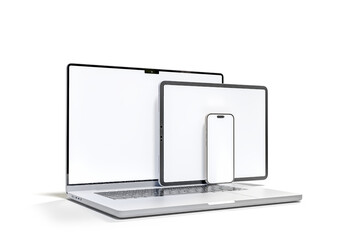 Canvas Print - 3d realistic laptop, tablet and smartphone digital device mockup with blank screen isolated on backg
