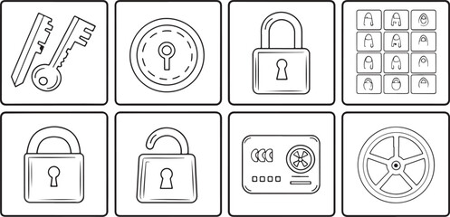 Poster - Isolated black and white line art simple lock icons Vector, black and white line art simple lock Silhouette,black and white line art simple lock icons set, black and white line art simple lock