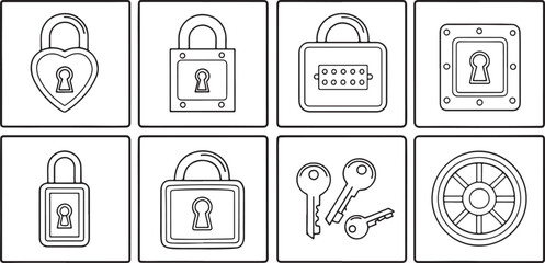 Poster - Isolated black and white line art simple lock icons Vector, black and white line art simple lock Silhouette,black and white line art simple lock icons set, black and white line art simple lock
