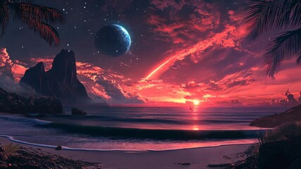 Wall Mural - Stunning cosmic sunset over tranquil beach with mountain silhouettes and distant planet