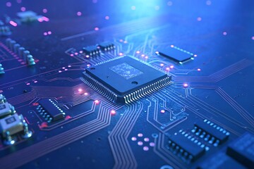 Poster - close up of a computer microchip on a circuit board.