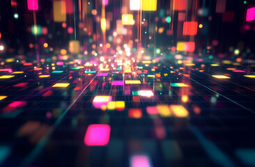 Poster - abstract digital data stream with glowing squares, perfect for representing big data, artificial int