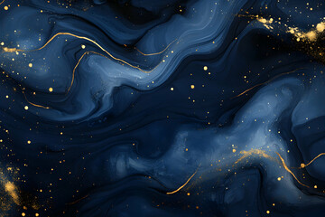 Poster - abstract fluid art in deep blue and gold, a luxurious blend of texture and shimmering highlights cre