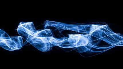 Poster - Abstract Light Painting with Swirling Blue Energy Trails on a Black Background, Representing Modern Technology and Futuristic Concepts, ideal for digital art
