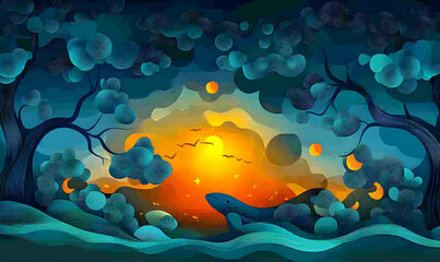 surreal sunset landscape featuring a whale, stylized trees, and celestial elements. dreamlike, artis
