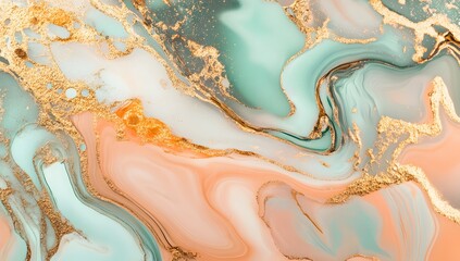 Aufkleber - Abstract marbled background in peach, mint, and gold