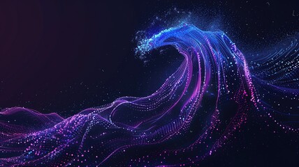 Poster - Abstract digital wave of particles in blue and pink colors. Digital art for design and print. Motion shot of glowing gradient purple and blue liquid or fluid wave with black background. AIG53.