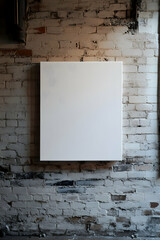 Poster - Blank Canvas on Whitewashed Brick Wall, An Urban Mockup for Artistic Expression and Creative Design Presentations, perfect for your art showcases